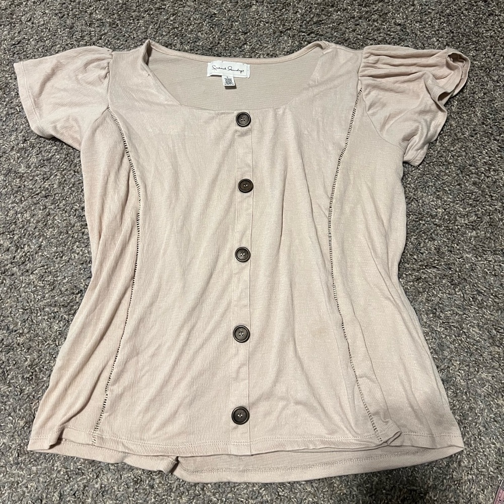 Beige Flutter Puff Sleeve Button Down Lightweight Top
